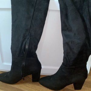 Black suede knee high heel boots